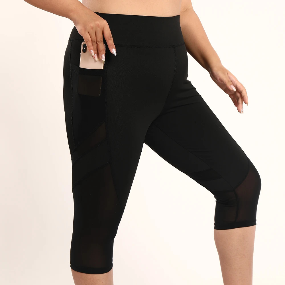 Plus Size Womens Yoga Pants With Side Pocket Mesh Insert Hollow Out Leggings For Workout Running Fitness Clothing 250805