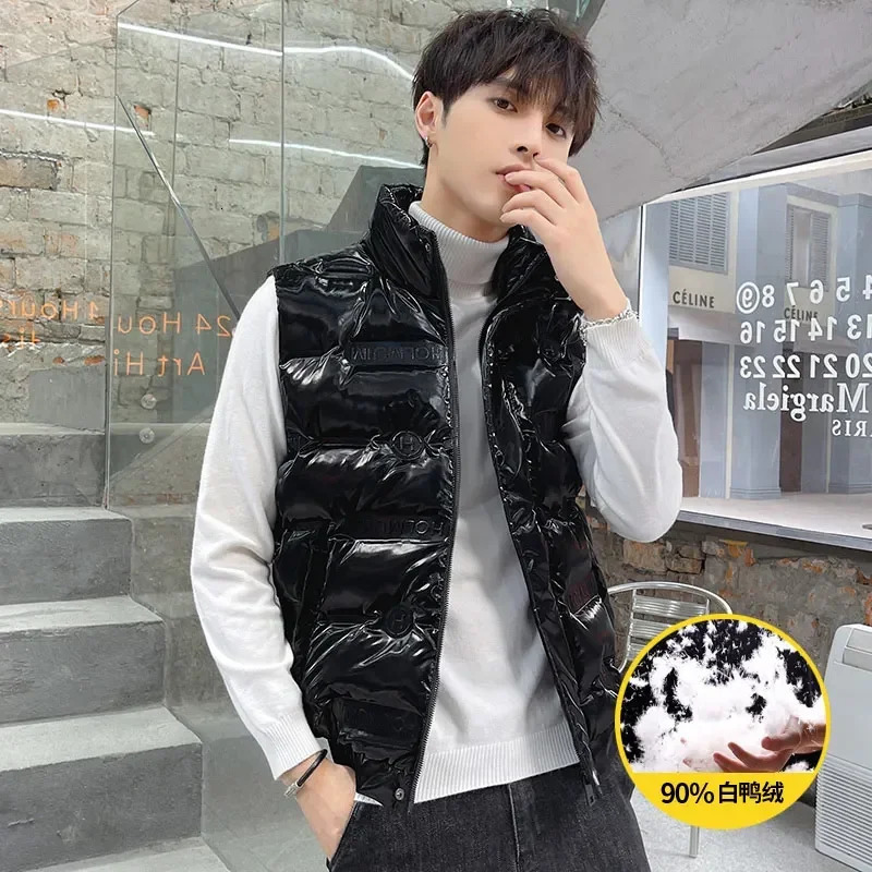 90% white duck down Waistcoat male Gielt Casual black sliver vests Man DOWN vests Thicken Men Winter Warm casual Bright Vest 250804