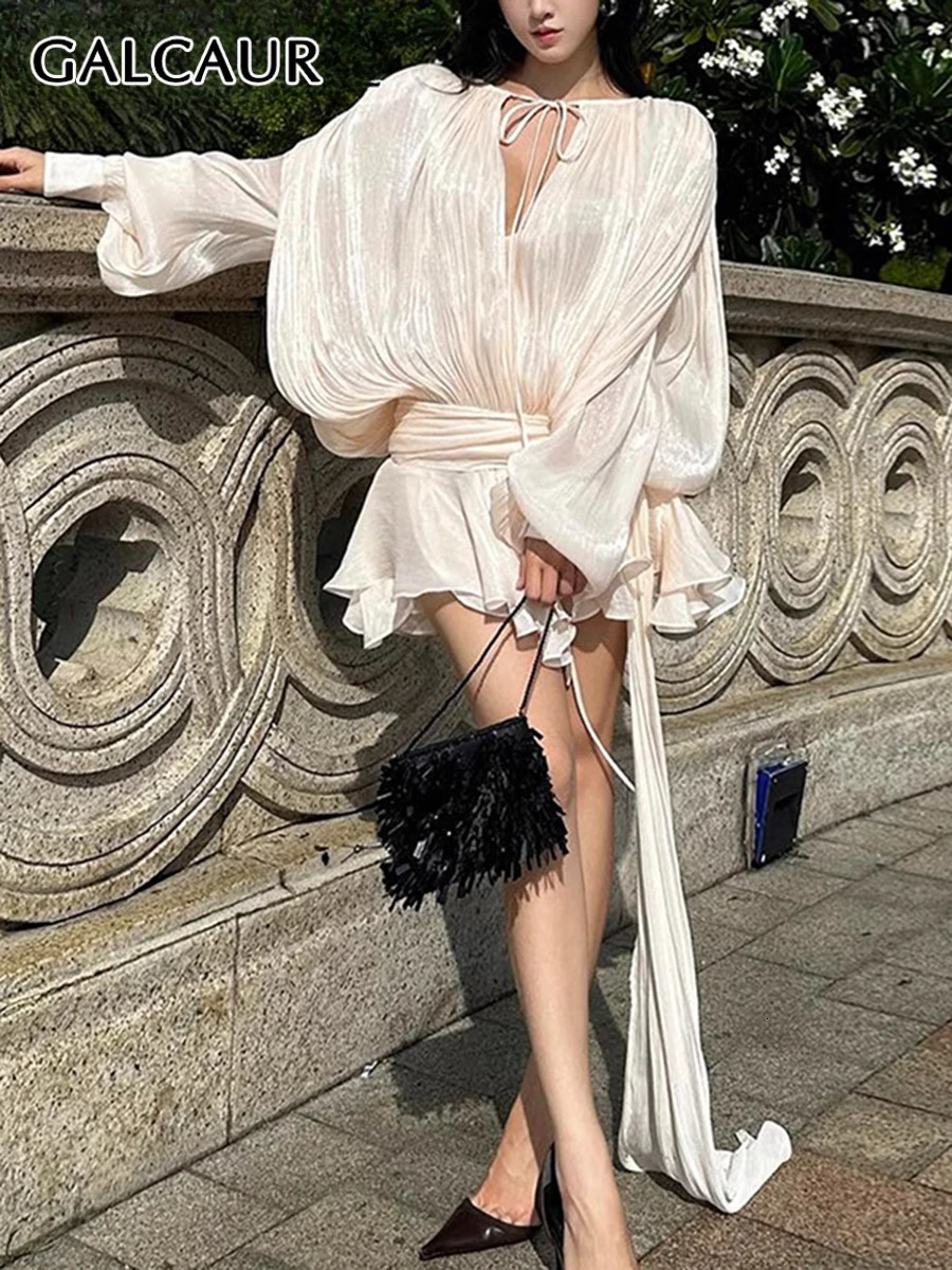 GALCAUR Solid Loose Splicd Lace Up Dresses For Women V Neck Long Sleeves Patchwork Ruffles Tunic Dreses Female Fashio 250807