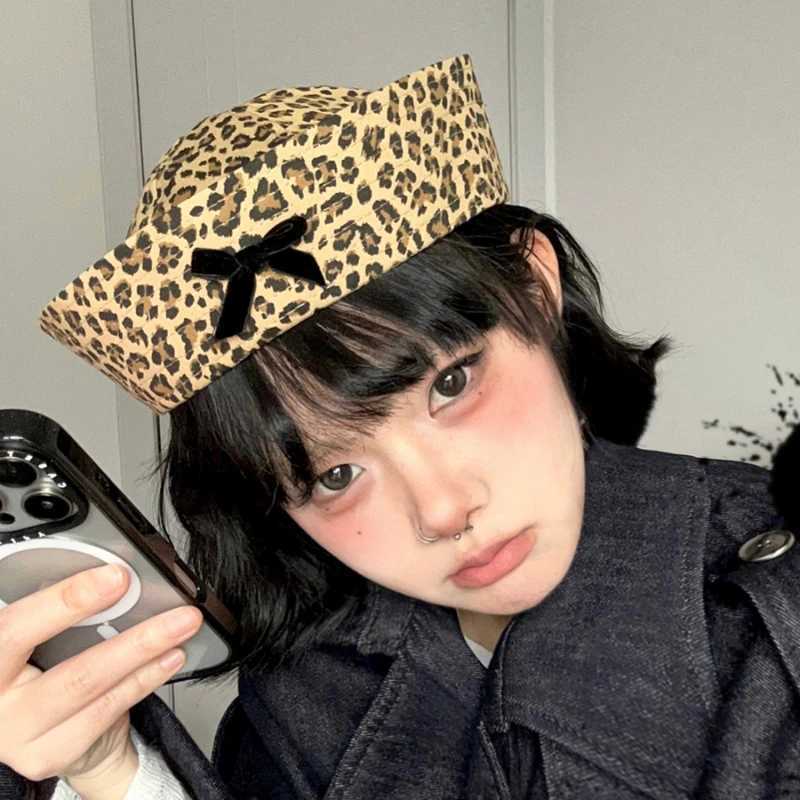 2023 Y2K Leopard Print Bow Sailor Hat Spring and Summer Thin Fashion Corn Personalized Beret for Womens Hats XJ250807