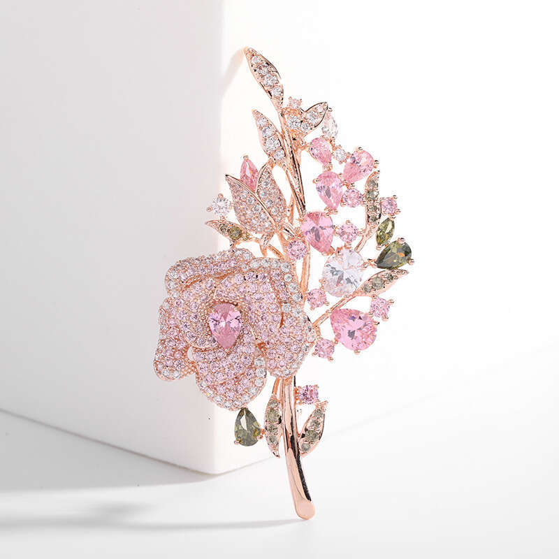 Korean Heavy Industry Pink Zircon Rose Bouquet Elegant Suit Cheongsam Brooch Pin for Women
