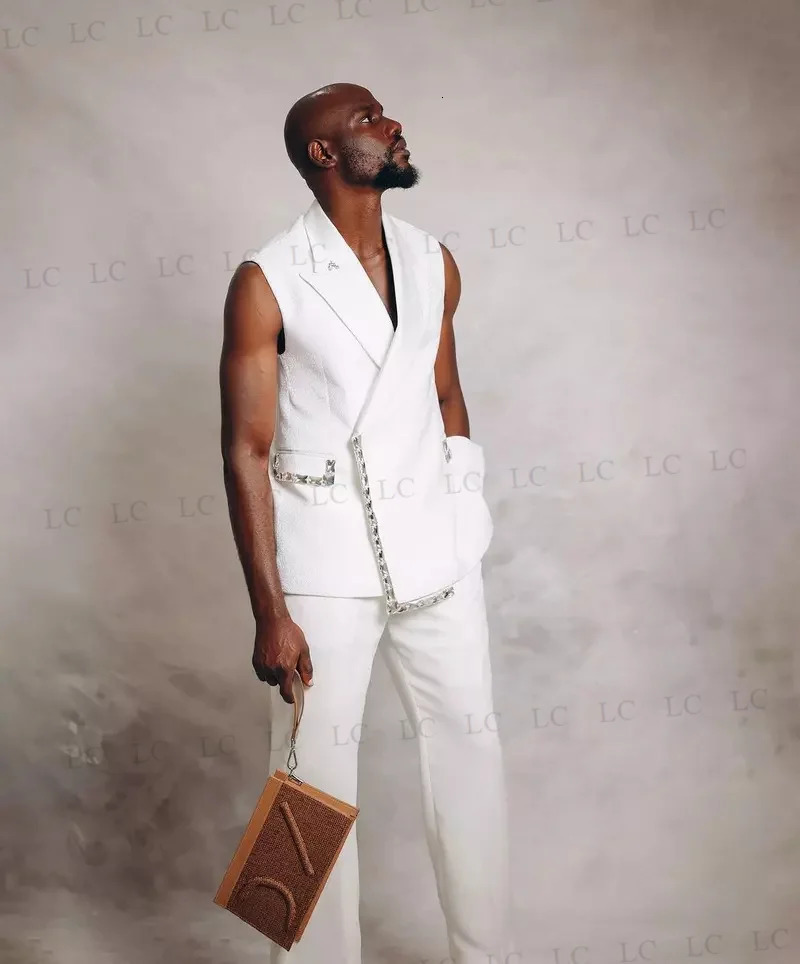 White Classic Men Suits 2 Pieces Vest Pants One Button Diamonds Beadings Sparkly Prom Formal Wedding Groom Plus Size Tailored 250807