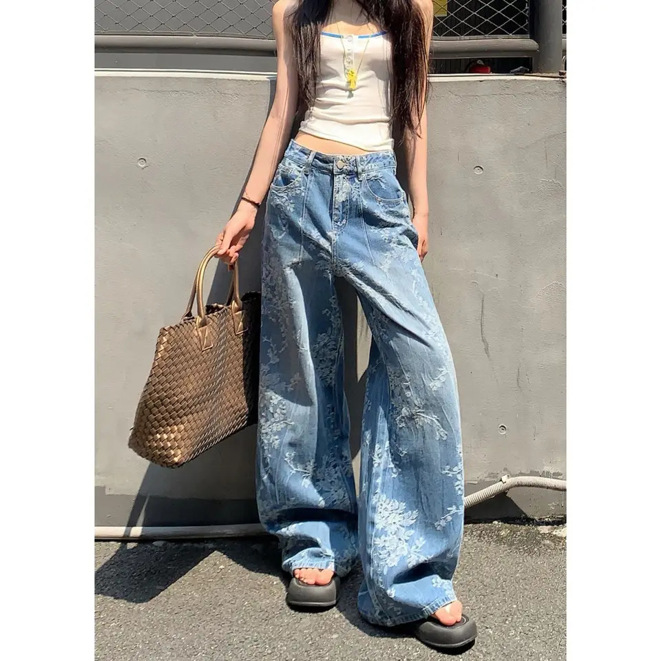 Womens Fashion Straight Jacquard Casual Denim Pants Arrival Female Wideleg Jeans Trendy Trousers 250807