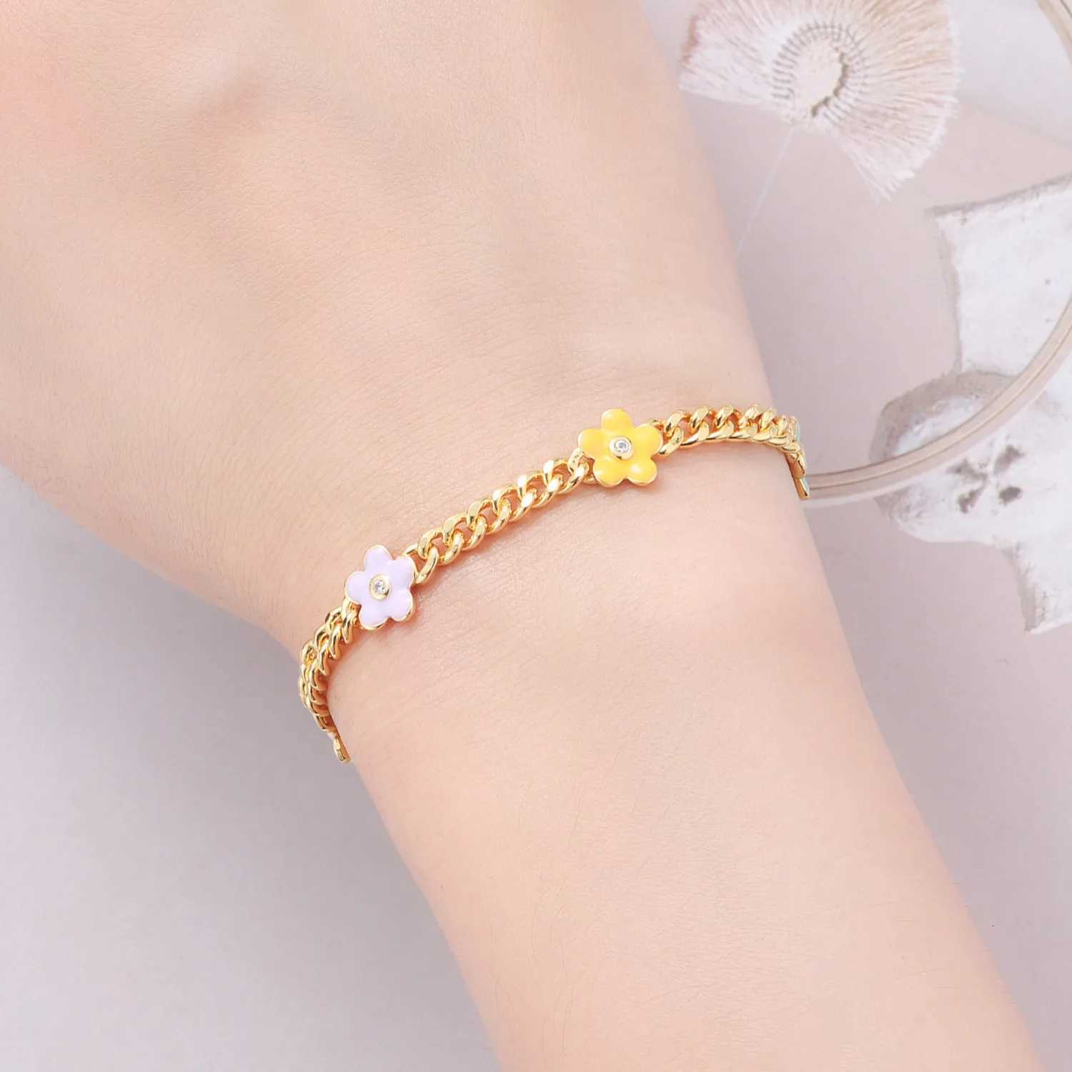 PANPOKI New 925 Sterling Silver Cute And Colorful Flower Bracelet Chain Link Women Bracelet Festival Jewelry Party Trendy Gifts W250807