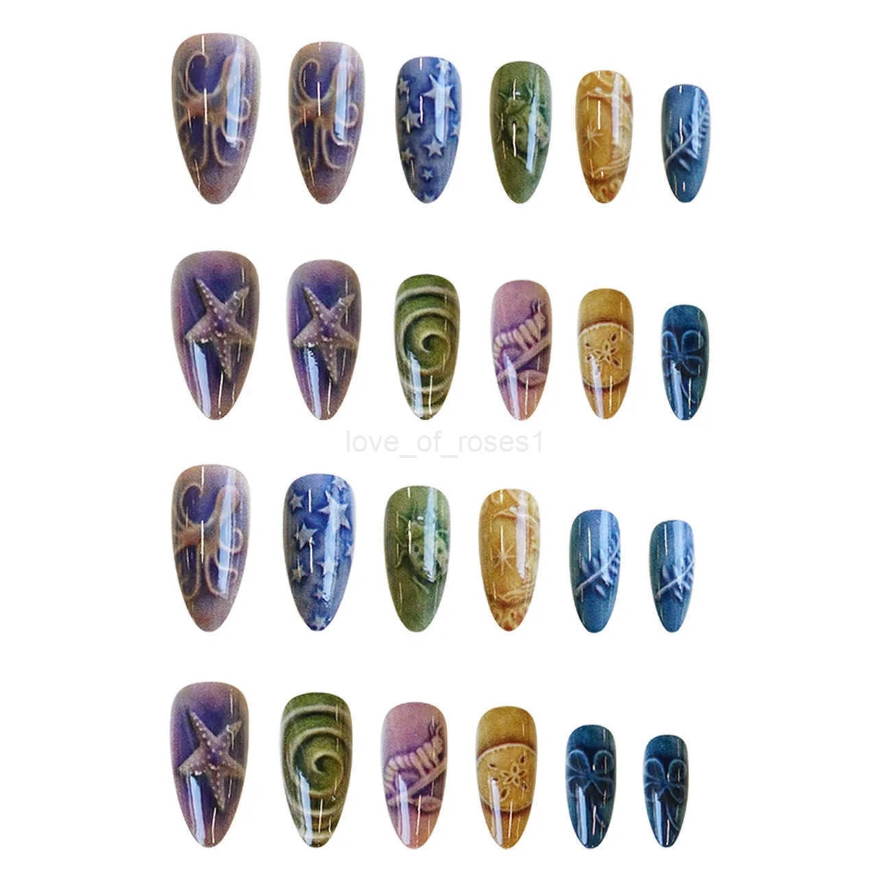 24pcs Charming Summer Ocean Press On Nails Colorful Painting Short Almond False Nails With Starfish Flower Press On Nail Z250807