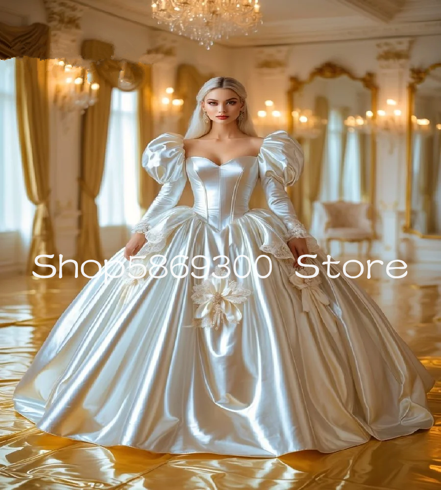 Shiny Victorian Ball Gown Prom Dresses With Flowers Historical Bustle Church long sleeve corset evening gown Customized