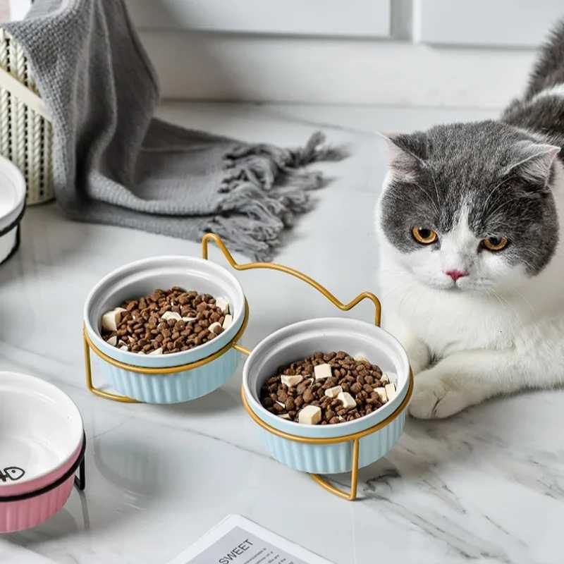 Single Or Double Tilt Bowl Ceramic Bowl for Dog Cat Puppy Kitten Elevated Food Feeder Drinker Pet Water Bowl Pet Supplies Y250806