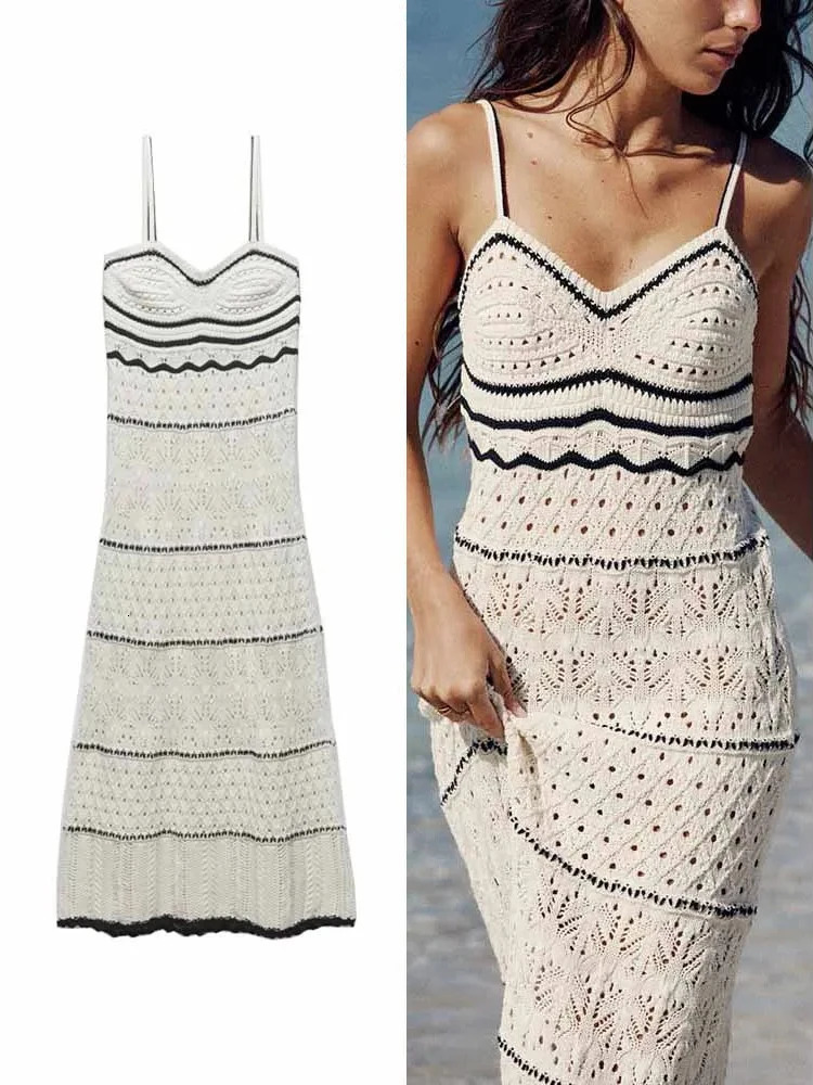 ZABA Womens Beach Style Crochet Hollow Slim Sling Sweater Long Dress Fashion Elegant Sleeveless Spaghetti Strap Sexy Dresses 250806