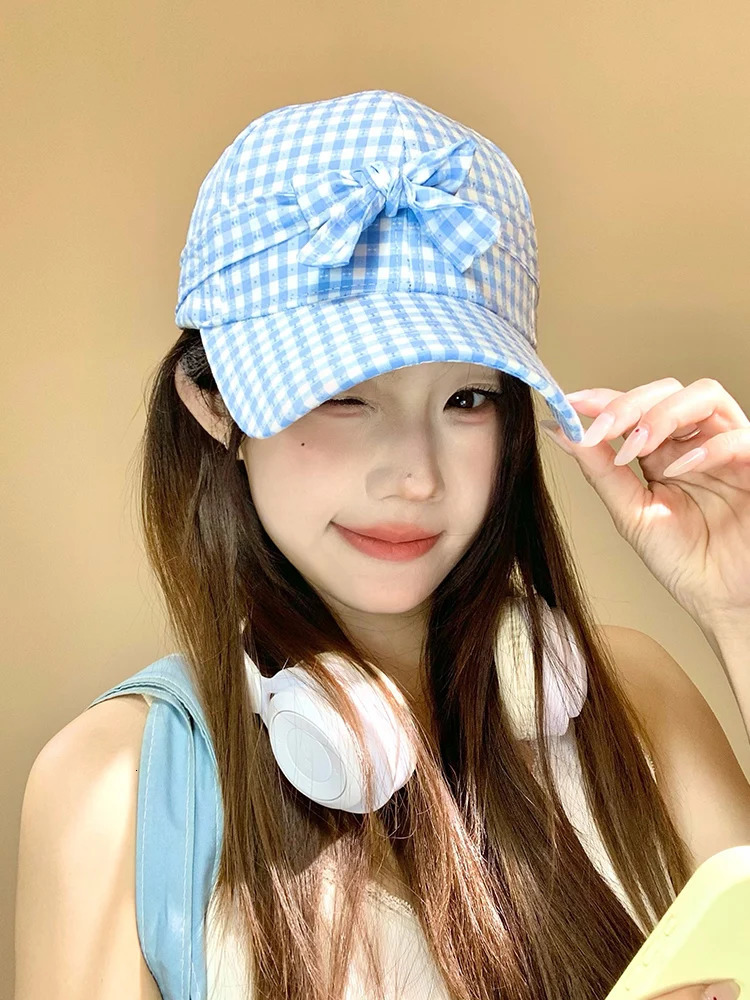 Japanese Blue Plaid Bow Baseball Cap Female Korean Version Casual Versatile Big Size Sunshade Hard Top Sun Baseball Cap 250730