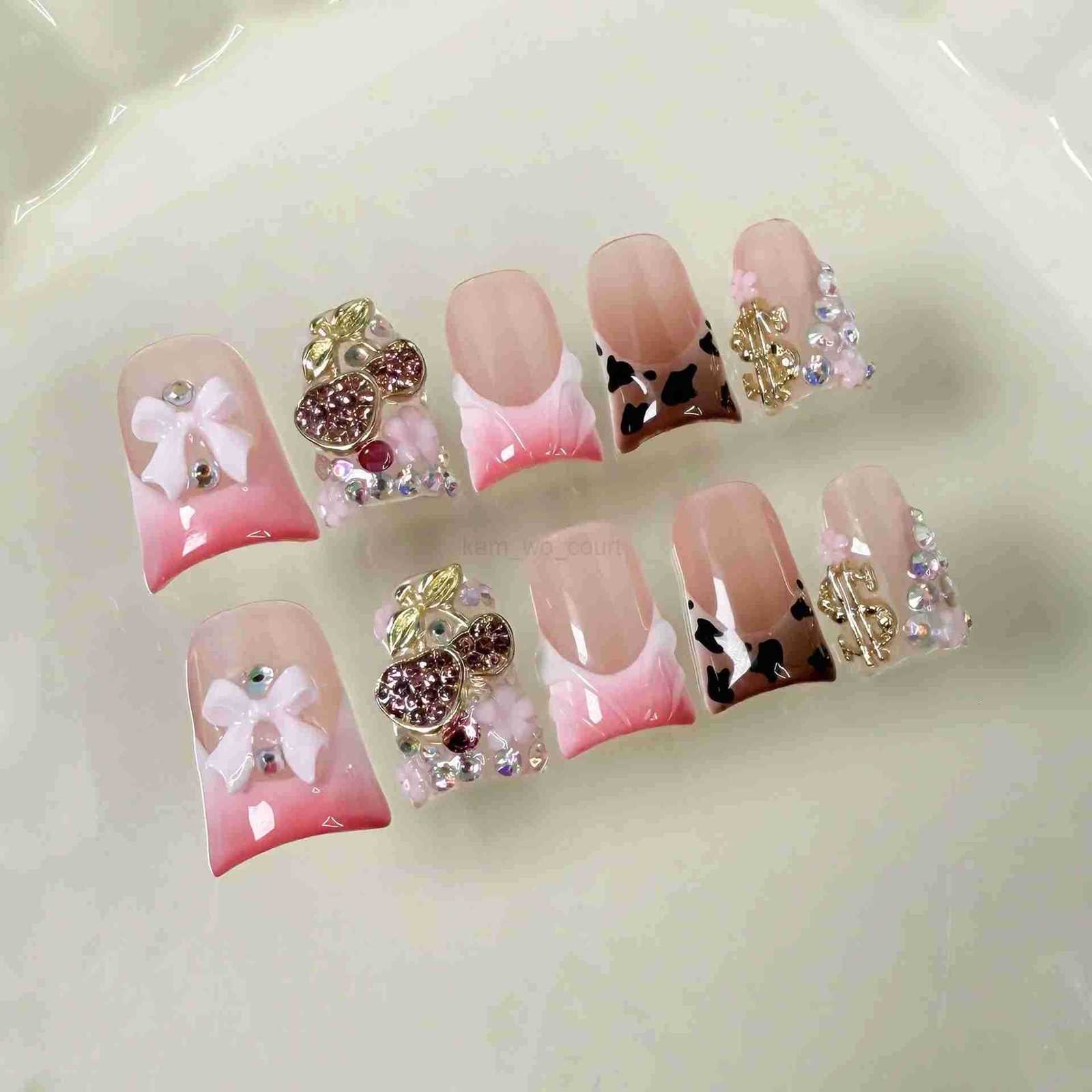 10pcs Sweet White Bowknots Press On Nails Pink French Style Glitter Diamond Pearl Decor Handmade False Nails Blush Duckbill Nails M250807