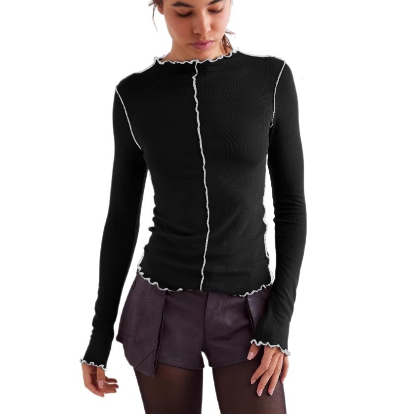 Patchwork Slim Fit Long Sleeve T-Shirt Top Design Sense Base Shirt Color Block Women's Ruffled Edge
