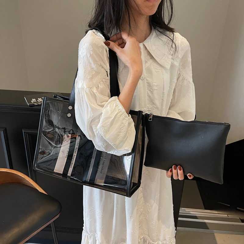 2025 Summer Hot Transparent Shoulder Bag Set for Women 2-in-1 PVC Striped Large Capacity Shopping Totes Traveling Beach Handbag Z250807