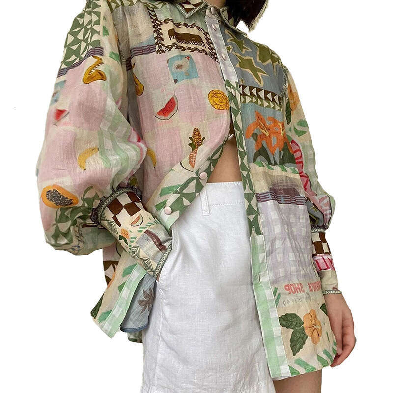 Women's New Elegant Turn-Down Collar Printed Colorful Loose Long Sleeve Shirt B5 h7