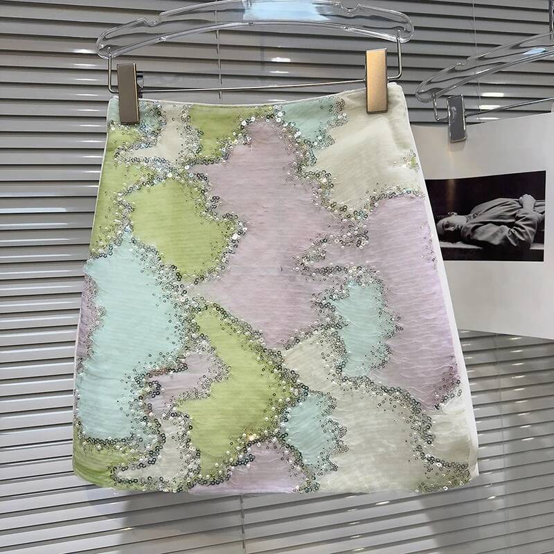 2025 Summer New Women's trend DEAT Summer New Fashion Pearl Nail Bead Glitter Comparison Short Skirt Women's Wrap Hip A-line Skirt New Desig