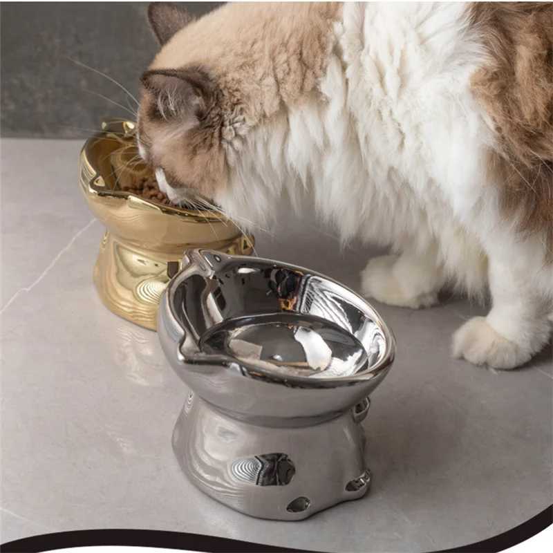 Fashion Ceramic Pet Bowl Gold and Silver Bells Cat Shaped Bowl Drink Water and Eat Feeder for Puppy Dog Cat Pet Supplies Y250806