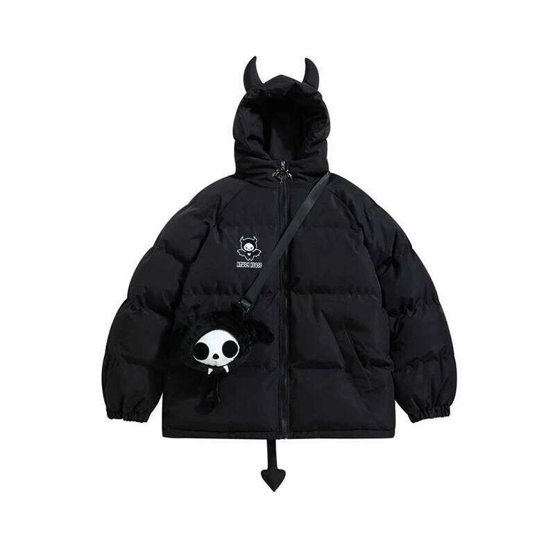 Designer Clothing 2025 Women Black Gothic Thicken Parkas Hip Hop Devil Horns Wing Couple Hooded Padded Jacket Streetwear Emo Coat Winter Clothes