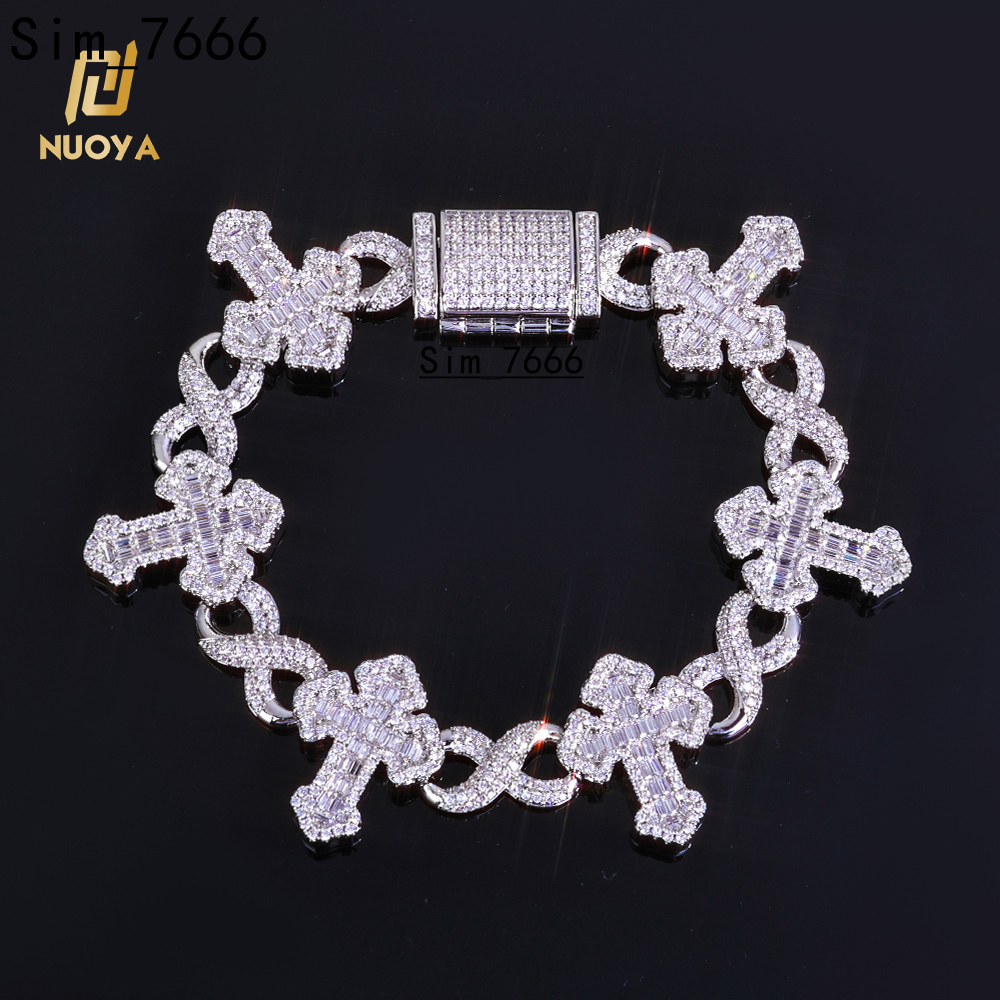 Fine Jewelry 15MM Iced Out Chain Gold Plated Flip Lock Cross 8 Character Infinity Charm Bling Moissanite Bracelet