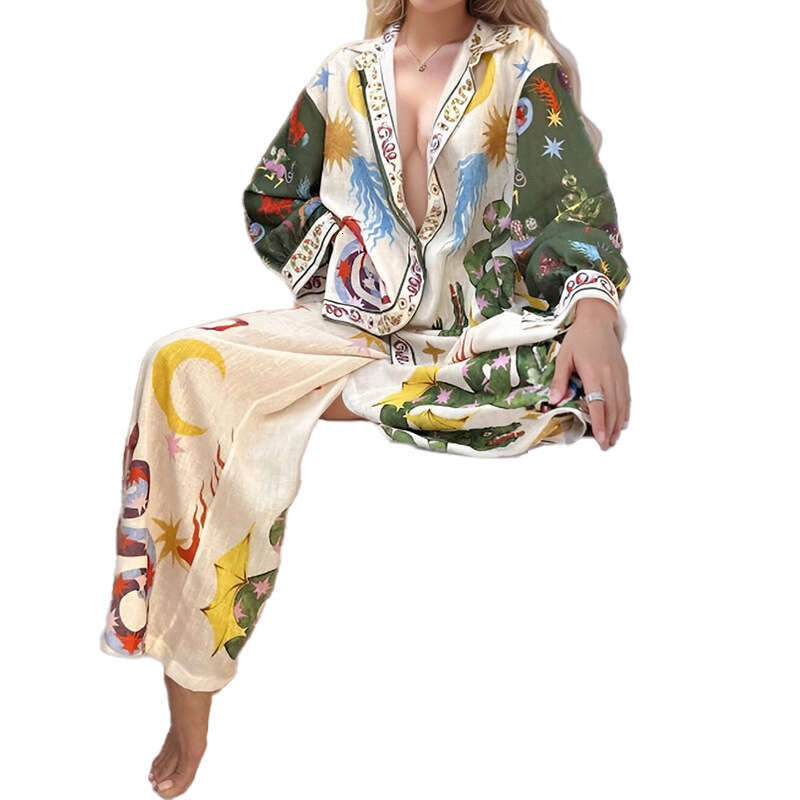 Printed Long Sleeve Shirt Loose Casual Women's Fashion Two-Piece Set B5 h7