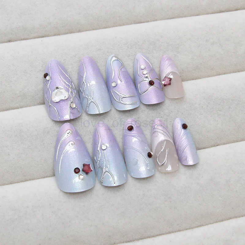 24pcs Colorful Aurora Fake Nail Press On Acrylic Nails Long Almond Wearable Cyber French False Nails 3D Silver Stripe Decoration Z250807