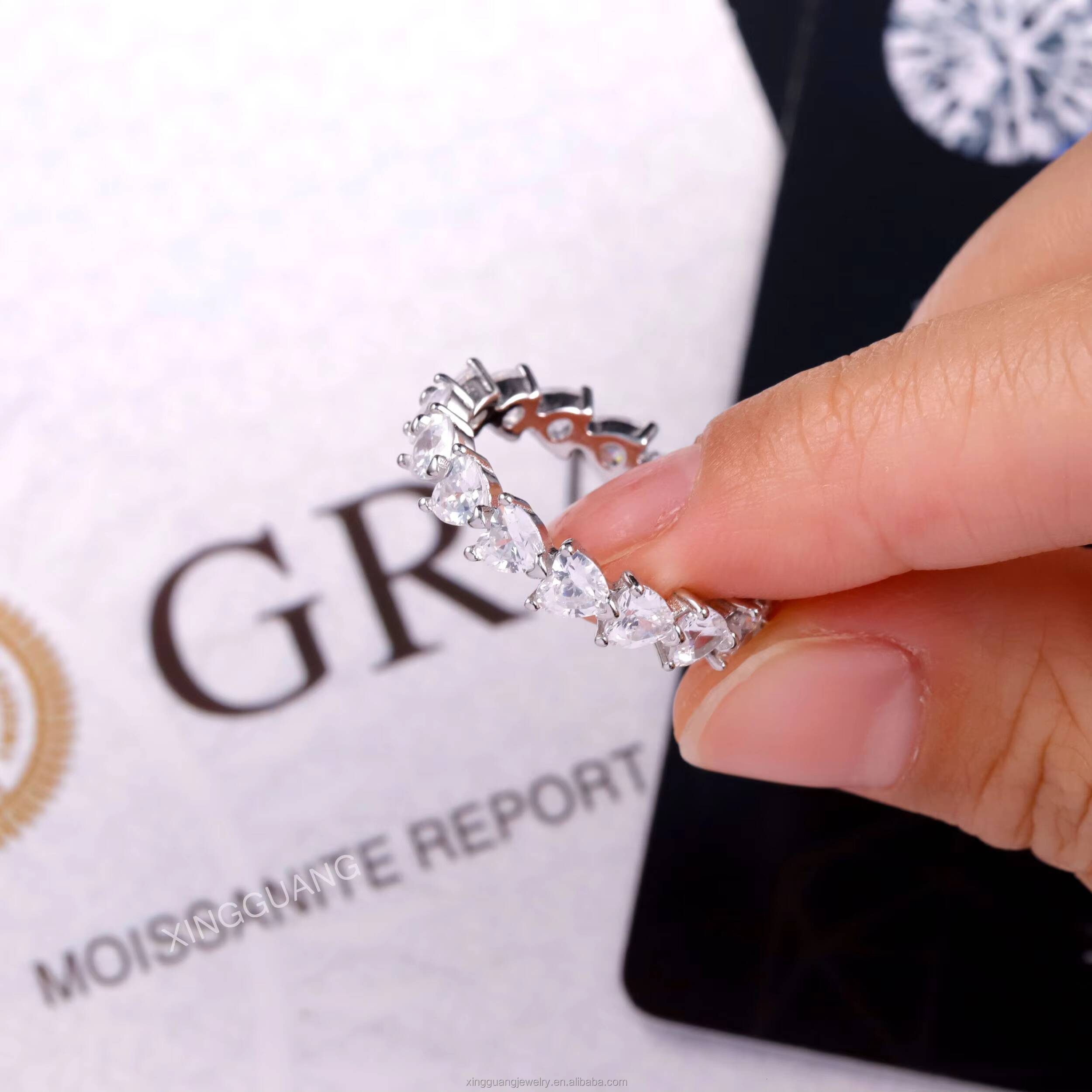 Pass Diamond Test Heart Moissanite Eternity Band Ring Real 14K 18K White Solid Gold Rings Women Wedding Fashion Jewelry