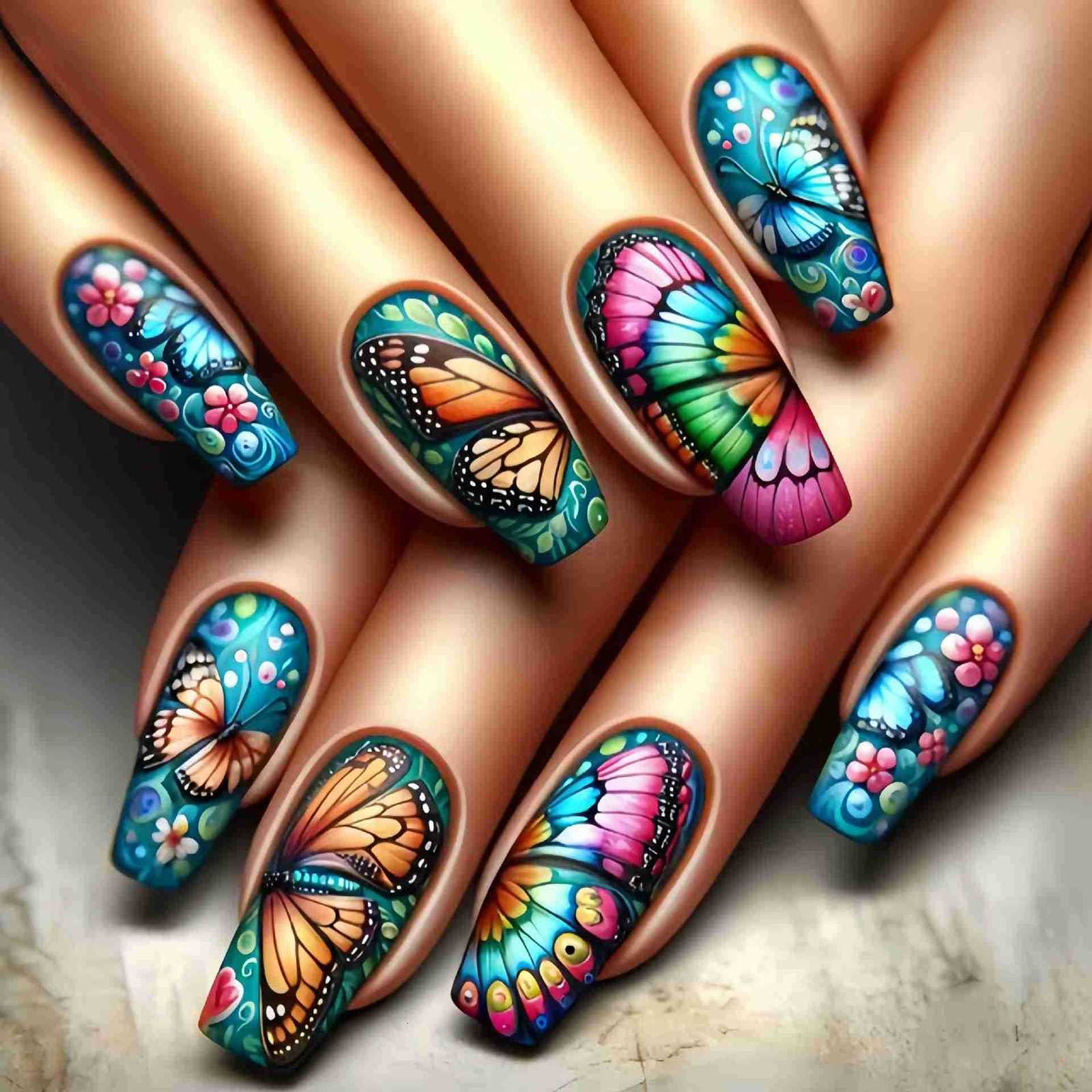 24Pcs Medium Coffin Press on Nails Colorful Gradient Stripes Gel Fake Nails Dreamy Rainbow Butterfly Nail Plant Flowers Nail Tips Z250807