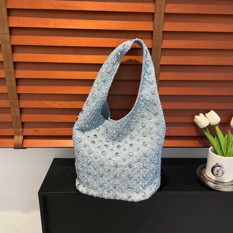 Denim Sequin Underarm Shoulder Bag Vintage Metal Stud Motorcycle Style Handbag Designer Blue Chic Women Bucket Tote Bags Z250807