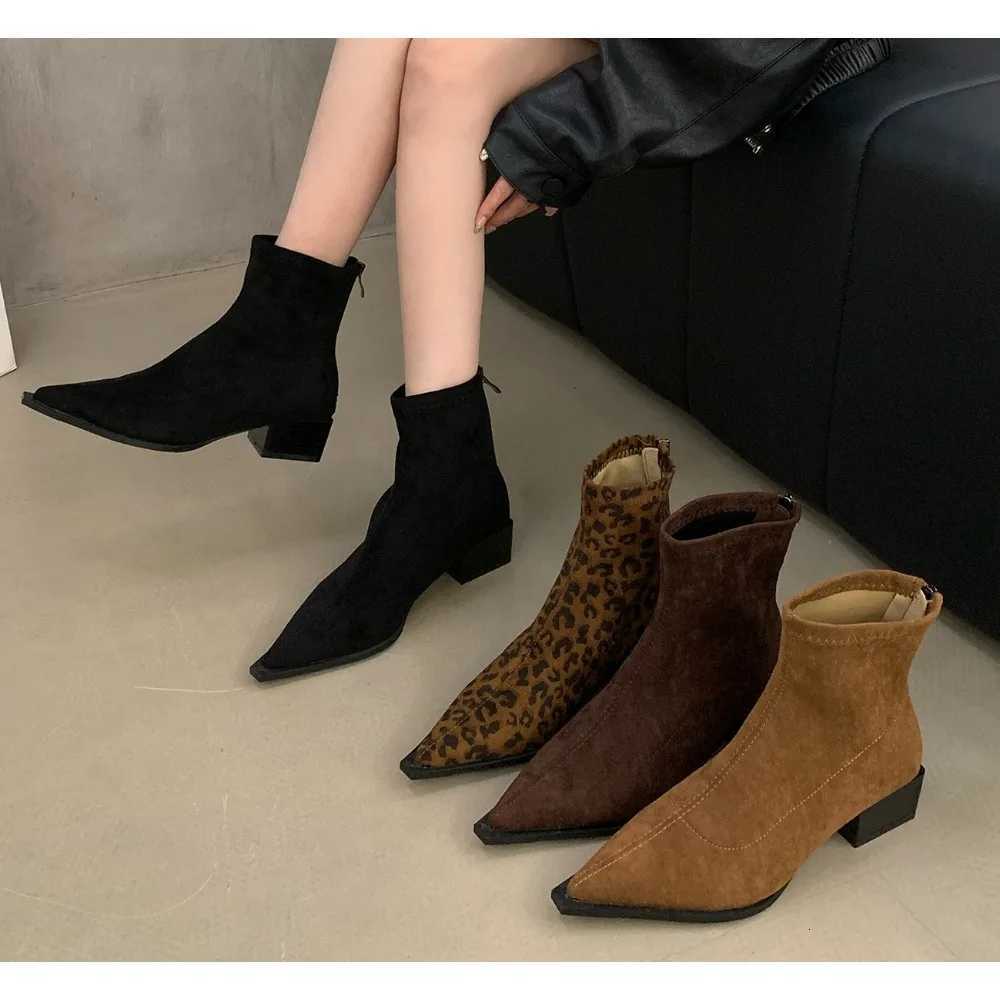 New Women Leopard Ankle Boots Pointed Toe Suede Mid Heels Shoes Woman Trend Chunky Chelsea Boots Pumps New Snow Mujer Boots XJ250807