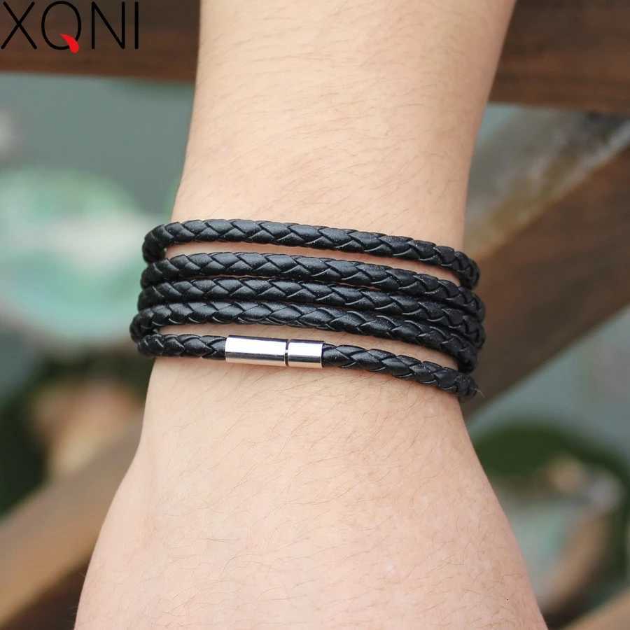100% Brand Black Retro Wrap Long Leather Bracelet Men Bangles Fashion Sporty Chain Link Male Charm Bracelet with 5 Laps W250807