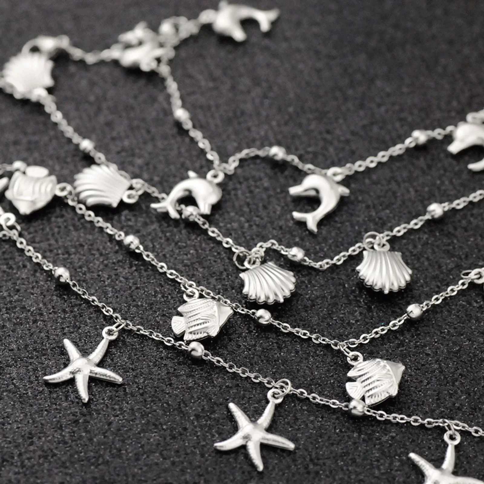 Stainless Steel Ocean Shell Star Dolphin Pendant Anklet Silver Color Chain Anklet Women Summer Beach Barefoot Sandal Jewelry1PC Y250805