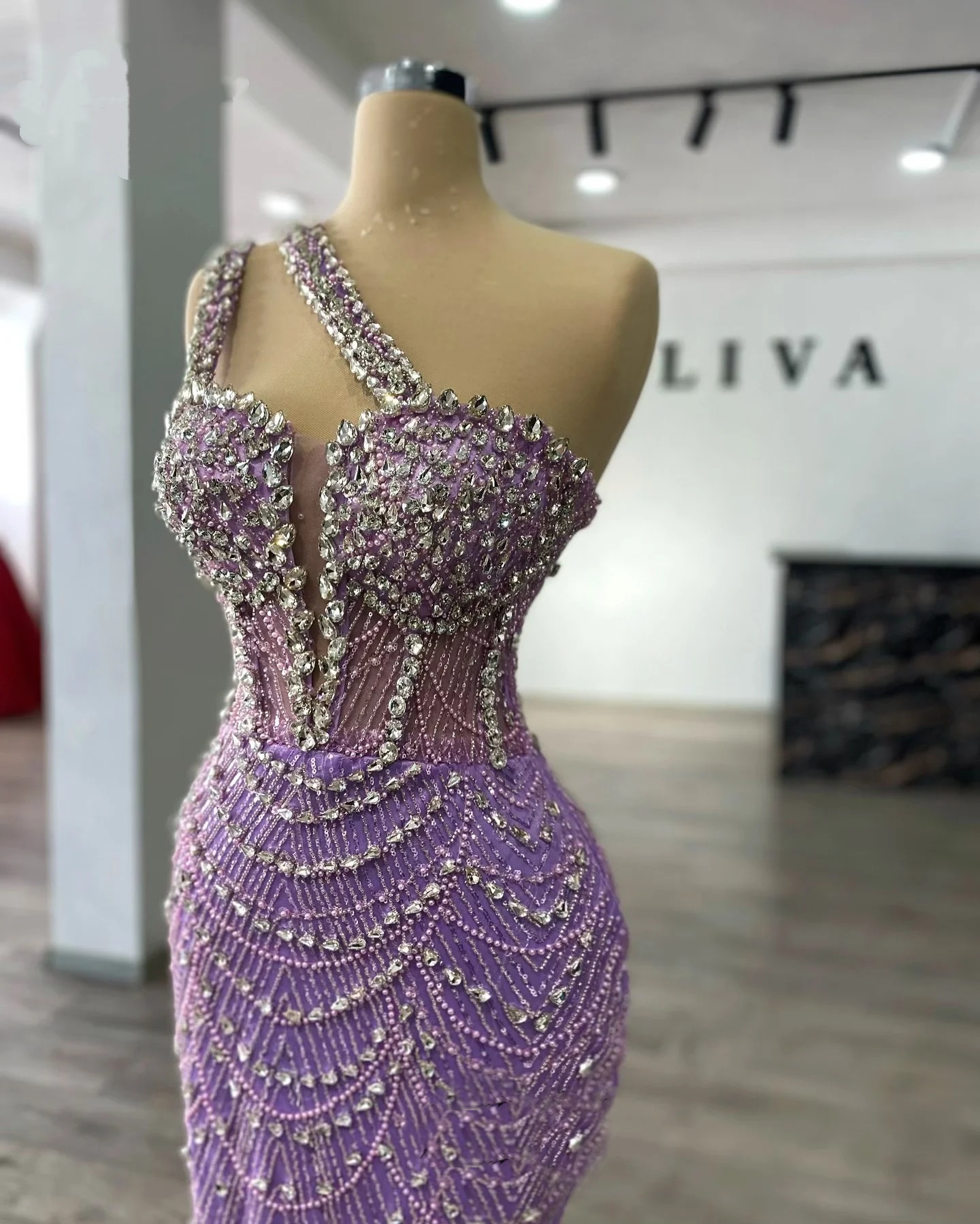 Elegant Crystal Evening DressesOne Shoulder Prom Dress Sequin Beading Slim Sleeveless Mermaid Princess Party Gowns Vestidos De Noche Plus Size