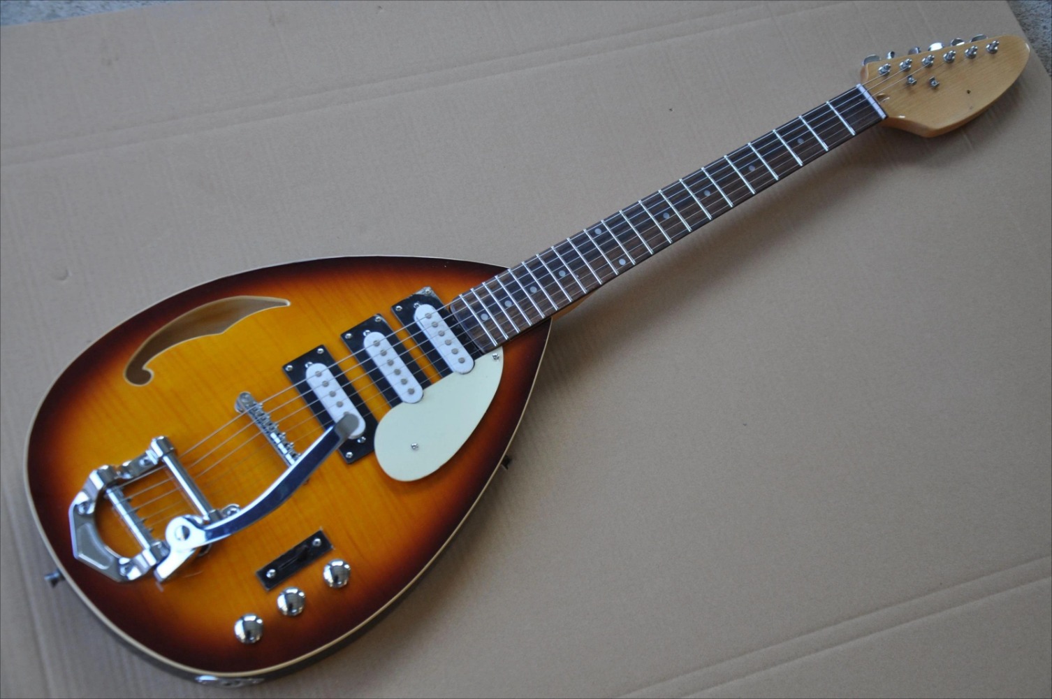 Custom Hutchins Brian Jones 1960s PGW Teardrop Electric Guitar, Flame Maple Top, Sunburst, Bigsb Tailpiece, 3 Pickups