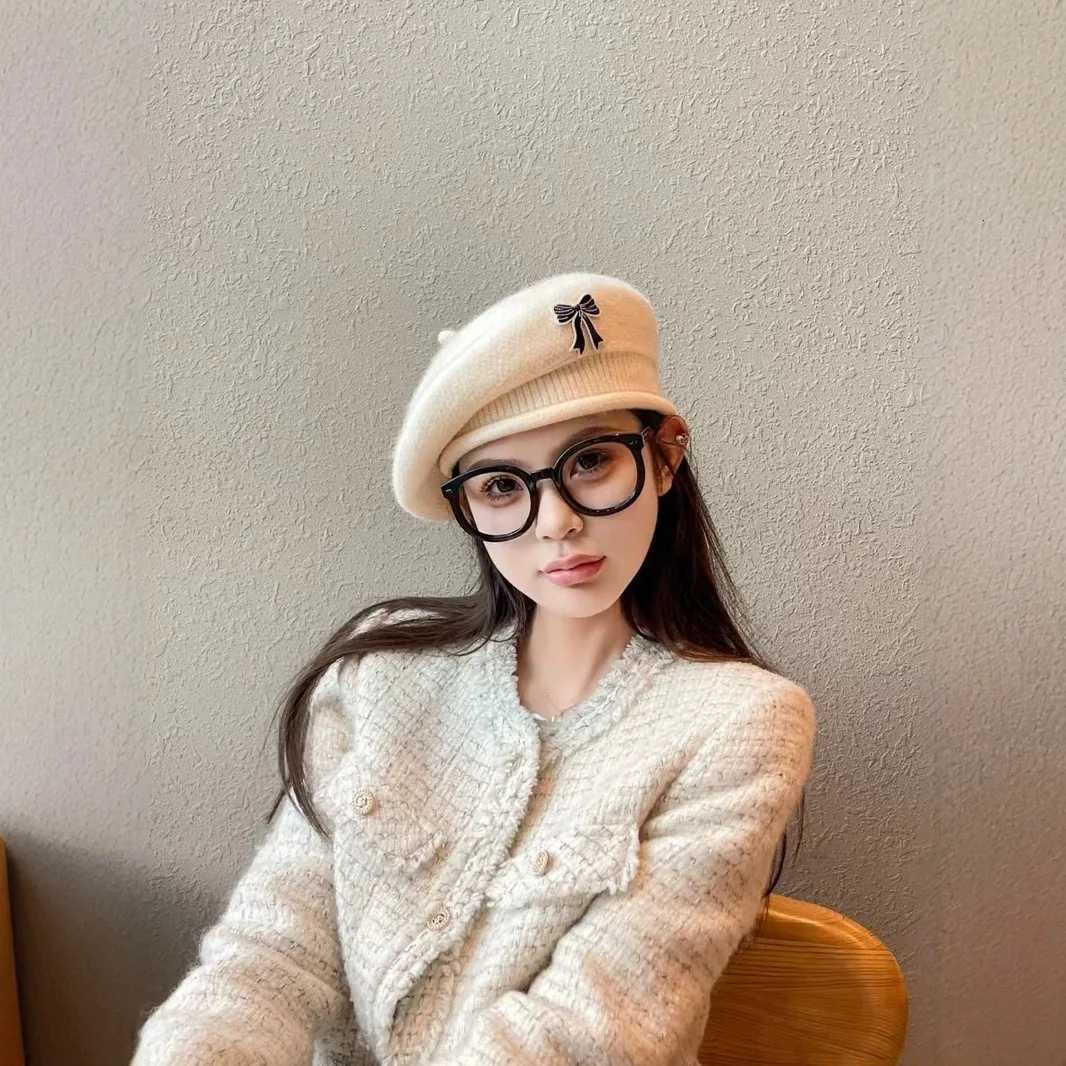 2025 new large-scale curling edge casual versatile bow sticker knitted beret simple and comfortable trendy hat XJ250807