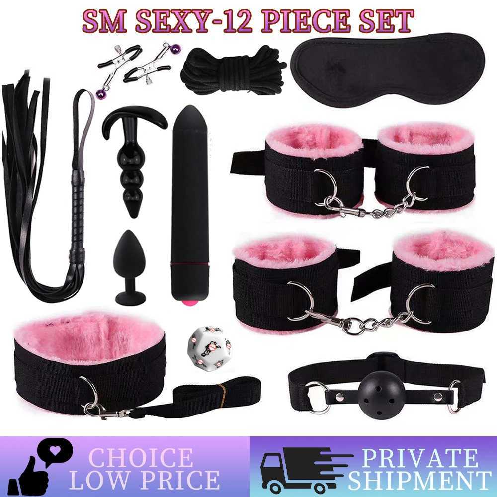 Sex toy BDSM Kit Set Vibrator Handcuffs Neck Sex Toy Adult Couple Whip Anal Buttplug for Women Men Gay Intimate Sex Game Bondage W250807