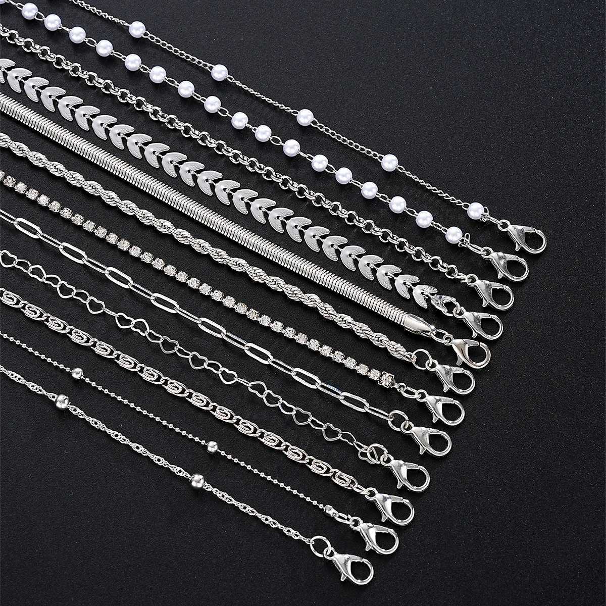 12pcs Boho Heart Twisted Snake Chain Bracelets For Women Imitation Pearl Fish-Tail Paperclip Bracelet Set Summer Holiday Jewelry W250807