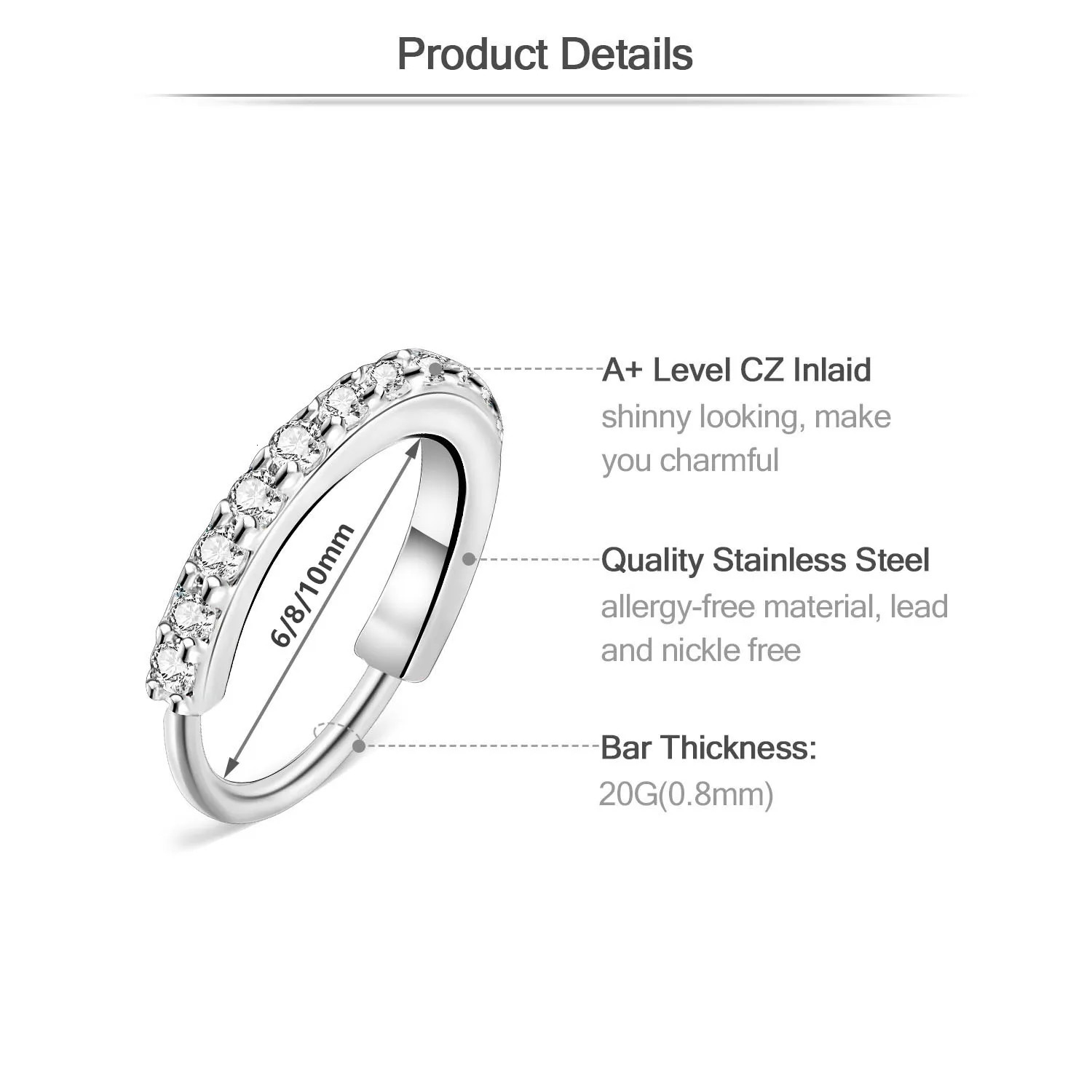 Fashion Round Cubic Zircon Nose Ring Women Stainless Steel Earring Nose Septum Cartilage Tragus Helix Body Piercing Jewelry 20G 250805