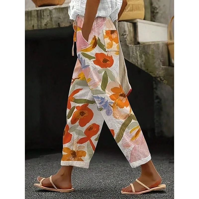 Plus Size 1XL5XL Womens Summer Fashion Printed Straight Pants Vacation Style Trousers 250805