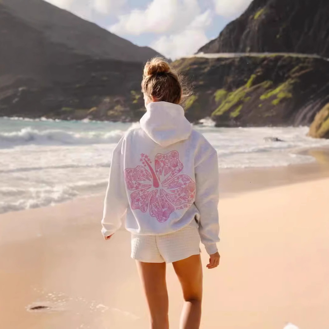 Free Shipping Designer Hoodie 2025 New Style Women's Off Shoulder Sleeves Casual And Comfortable Sportswear Hooded Sweatshirt With Hibiscus Print