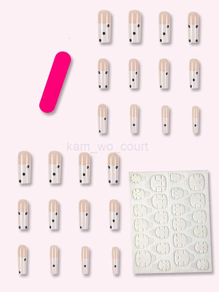 24-Piece Coffin-Shaped Extra Long ABS Fake Nails Black Spots French Pressed Design with Square Pattern for Fingers M250807