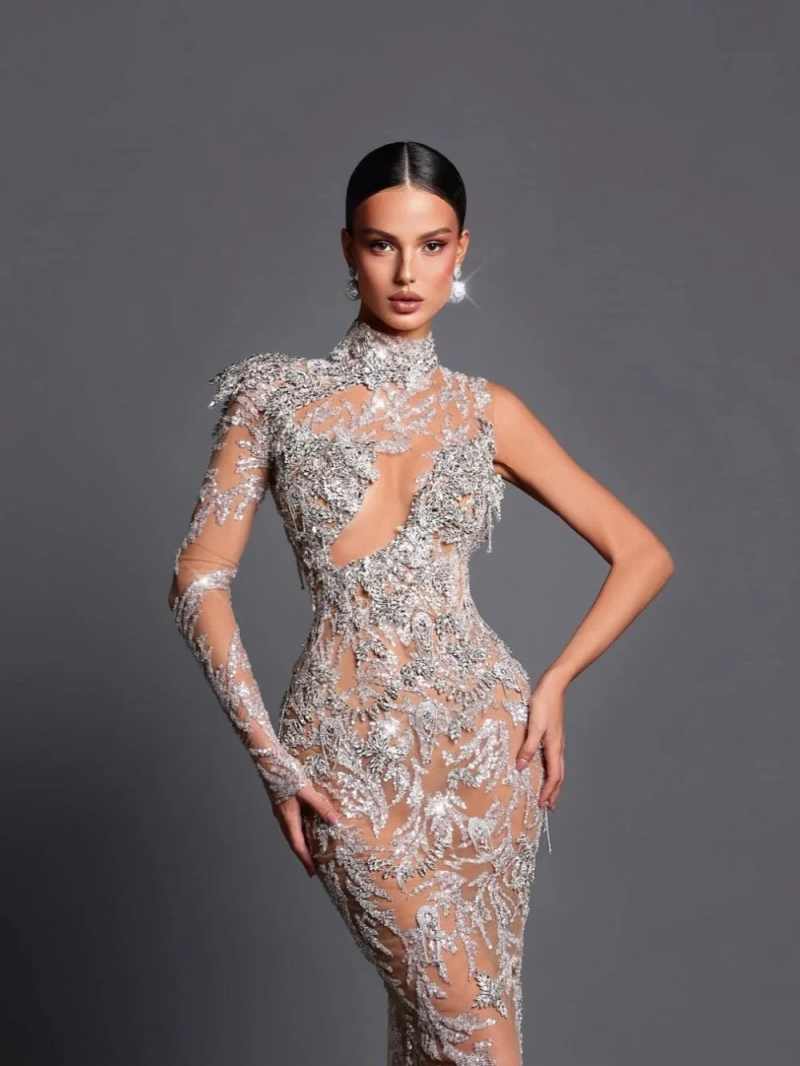 Sexy Prom Dress Mermaid Evening Dress One Sleeve High-Neck Sequins Appliques Crystal 3D Lace Prom Gowns Plus Size Customized vestido de novia L251742
