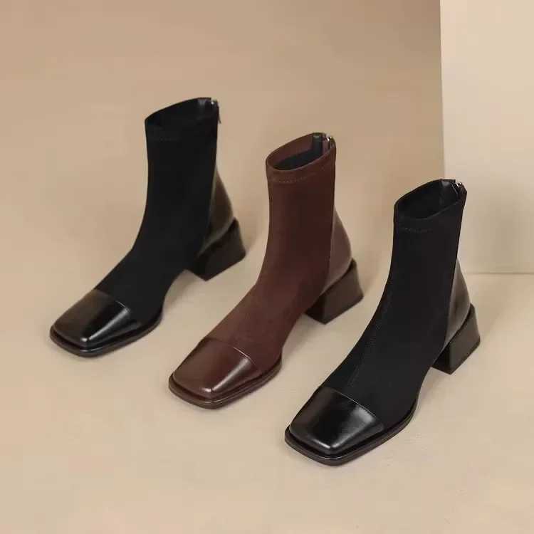 Women Fi Square Toe Chunky Heel Short Boots New Autumn Winter Elastic Skinny High Heels Shoes Womens Shoes XJ250807