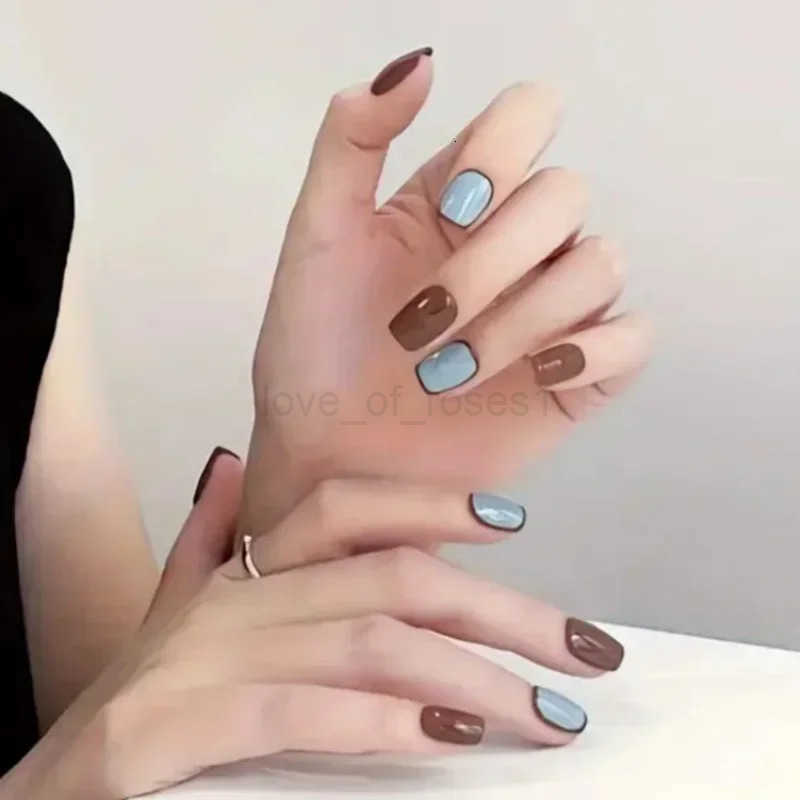 10Pcs/Set Handmade Short Press-On Nails - Glossy Brown Blue French Tips Easy To Apply Remove Perfect for Women Girls Daily Wear Z250807