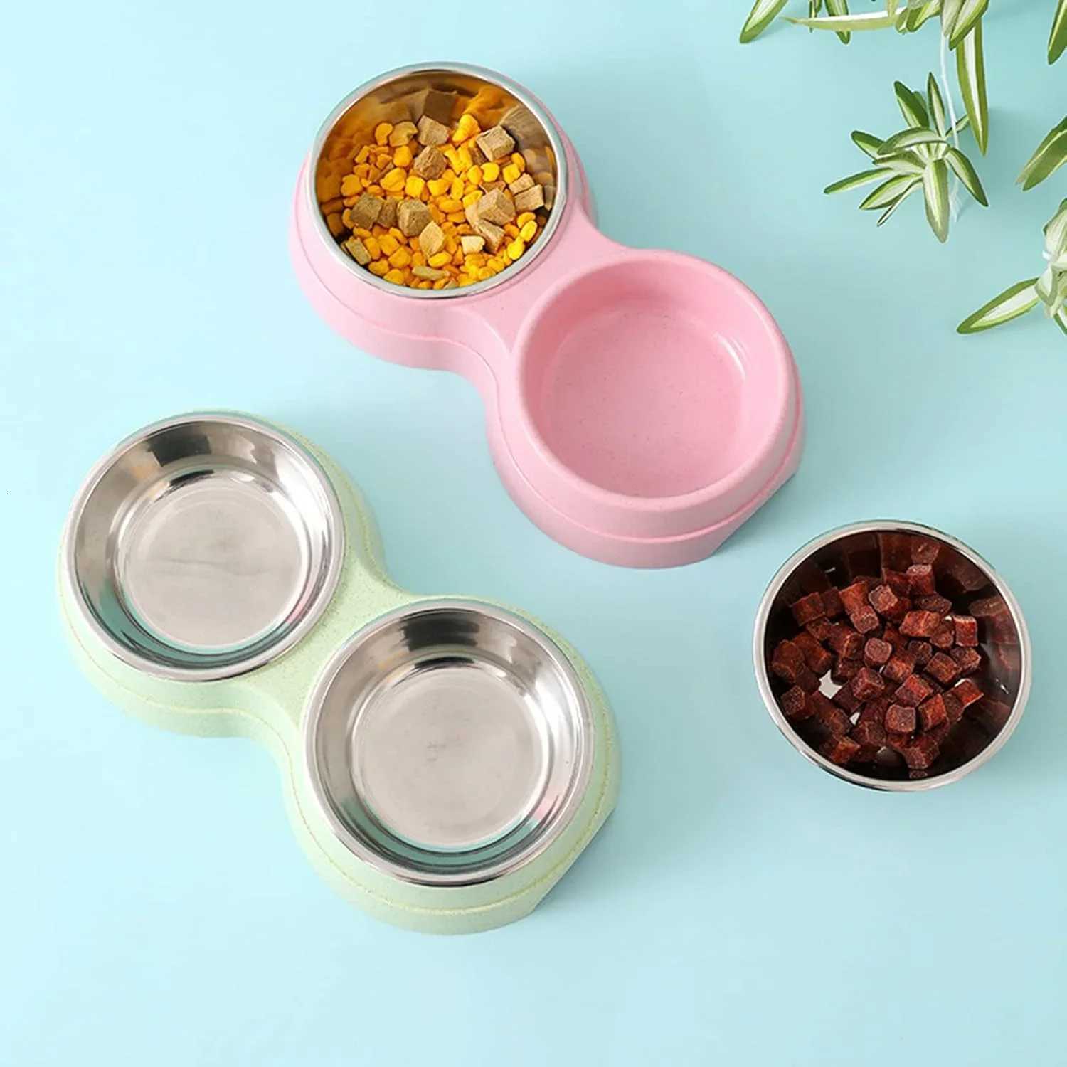Double Pet Bowls Dog Food Water Feeder Stainless Steel Pet Drinking Dish Feeder Cat Puppy Feeding Supplies Small Dog Accessories Y250806