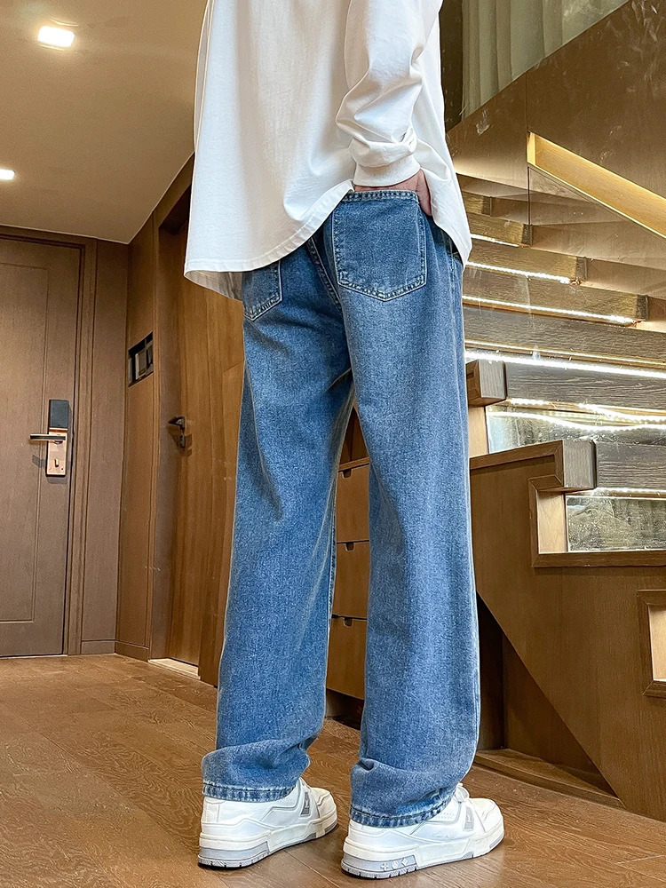 Mens Spring Summer SemiWide Leg Jeans Korean Fashion Washed Cotton Casual Denim Pants Black Blue Straight Trousers 250807