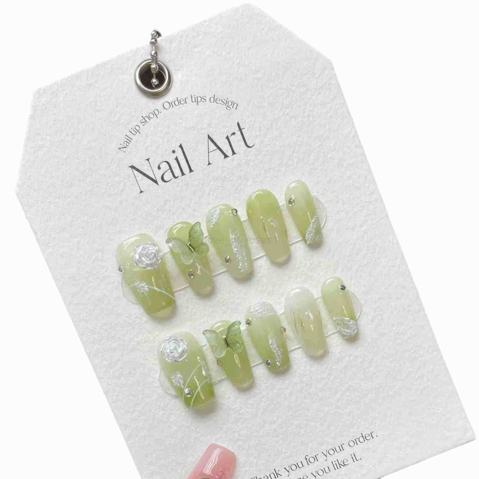 10 pcs Luxury Handmade Press on Nails Short Ballet Green Butterfly Design False Nails with 4-piece Tool Adhesive Nail Glue Tabs Z250807