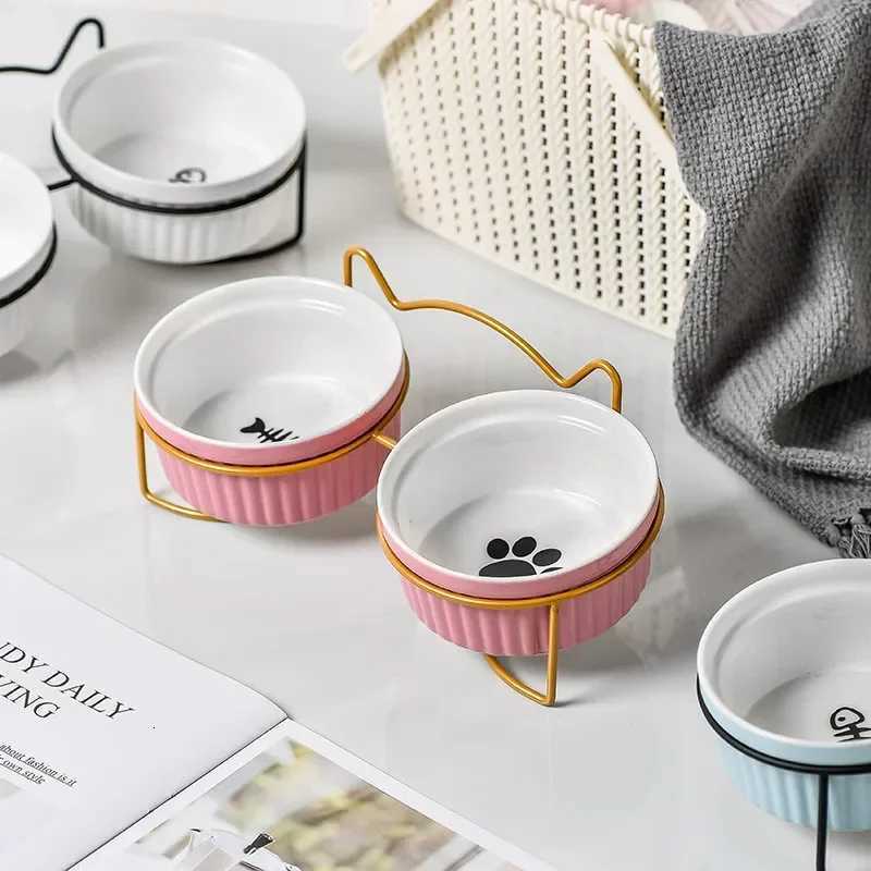 Double Ceramic Pet Bowls with Iron Frame Anti-slip Dog Cat Feeding Bowls Food Water Dishes Dog Accessories Y250806