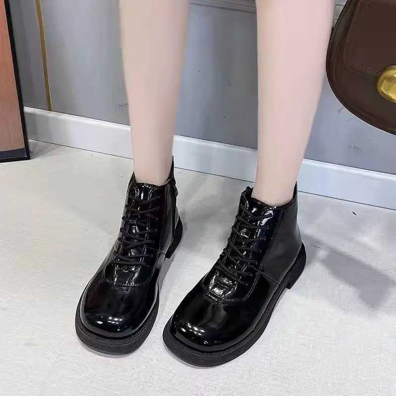 Black Short Shoes for Women Female Ankle Boots Lace-up with Laces Leather Round Toe Footwear Booties Comfortable and Elegant Y2k XJ250807