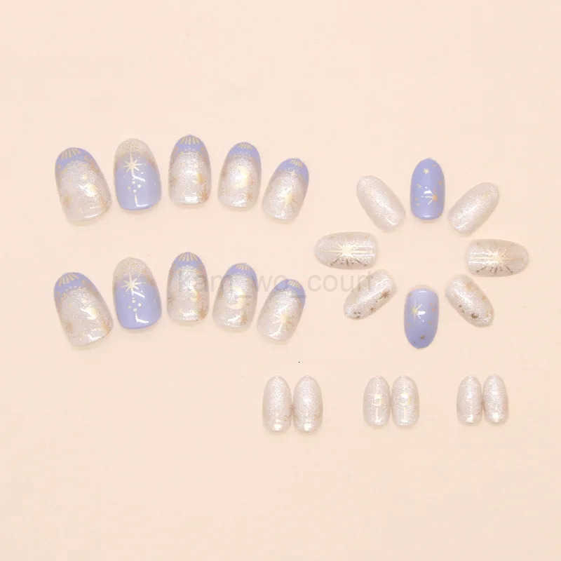 24pcs Romantic Y2k Star Press On Nails Gradient Blue French Style Gold Moon Designs Fake Nails Sweet Almond False Nails For Women M250806