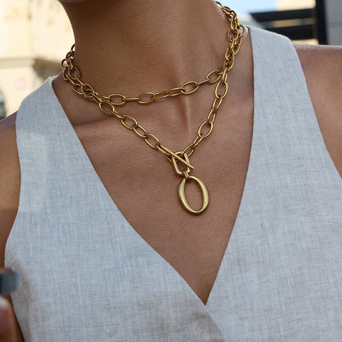 Uworld Minimalist Gold Color Plated Stainless Steel Coarse Cross Chain OT Buckle Oval Pendant Necklace Women's Jewe Jewelry for Women