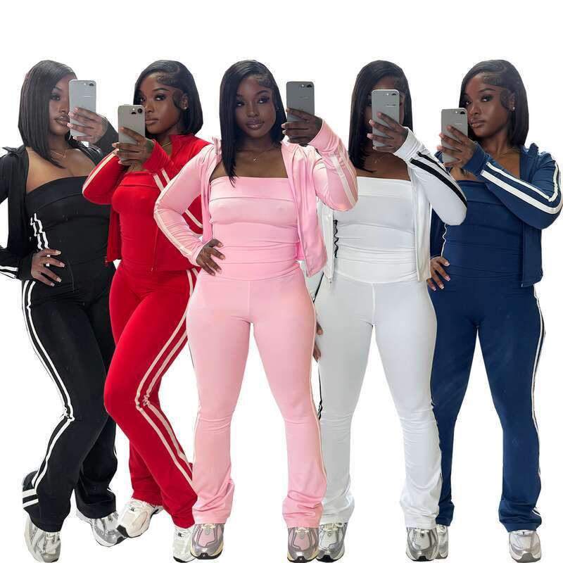 designer leisure Women's Clothing Splicing Striped Yoga Clothes Zipper Long Sleeved Jacket Tube Top Sports Three Piece Suit