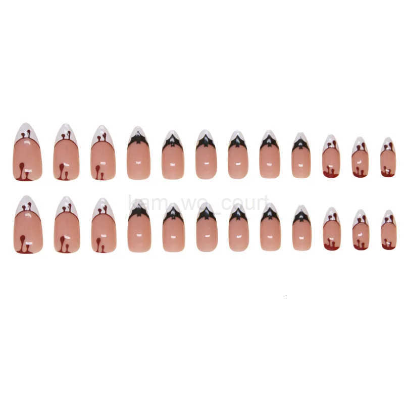24Pcs Halloween False Nails with Almond Head Design Mid-length French Fake Nails Bat Wearable Oval Press-on Nails Manicure Tools M250807